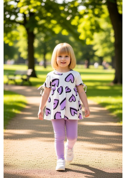 Kız Çocuk Kalp Detaylı Pamuklu Kısa Kollu Üst ve Tayt Seti Kaliteli Şık Rahat modelleri