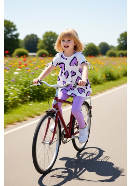 Kız Çocuk Kalp Detaylı Pamuklu Kısa Kollu Üst ve Tayt Seti Kaliteli Şık Rahat fırsatları