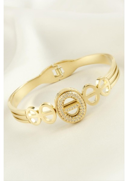 Oval Zirkon Taşlı Lüks Çelik Kelepçe Bileklik