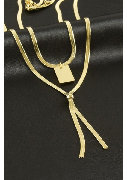 Dikdörtgen Italyan Zincirli Lüks Çelik Ikili Kolye