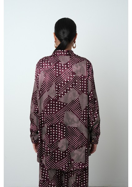 Kadın Bordo Renk Puantiye Desenli Oversize Kesim Gömlek indirimleri
