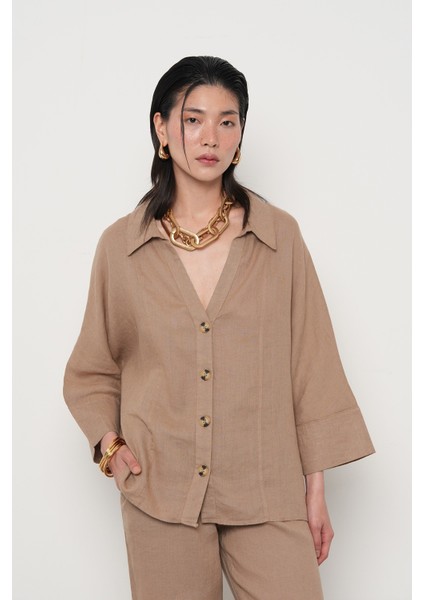 Kadın %100 Keten V Yaka Düz Renk Gömlek