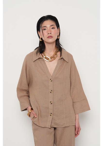 Kadın %100 Keten V Yaka Düz Renk Gömlek fiyatları