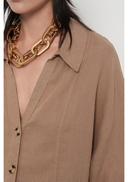 Kadın %100 Keten V Yaka Düz Renk Gömlek modelleri