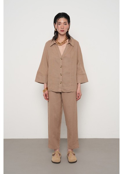 Kadın %100 Keten V Yaka Düz Renk Gömlek fırsatları