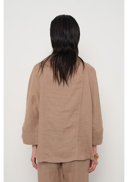 Kadın %100 Keten V Yaka Düz Renk Gömlek indirimleri