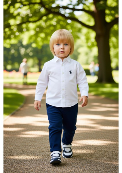 Hakim Yaka Nakışlı Gömlek ve Esnek Bel Dokuma Pantolon Erkek Çocuk Kombin Kaliteli Şık Rahat