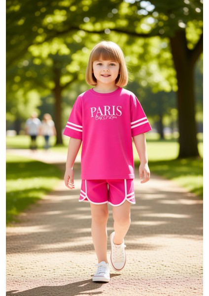 Kız Çocuk Pamuklu Bisiklet Yaka Slogan Baskılı Kısa Kollu Tişört ve Şort Takımı Kaliteli Şık
