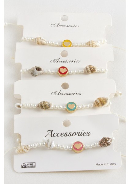 Kalp Deniz Kabuğu Inci Makrome Ip Bileklik