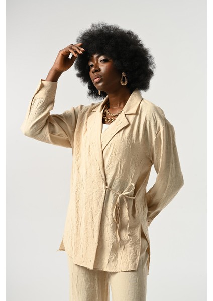 Kadın Belden Bağlamalı Kırışık Kumaş Düz Renk Gömlek