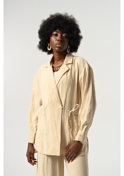 Kadın Belden Bağlamalı Kırışık Kumaş Düz Renk Gömlek modelleri