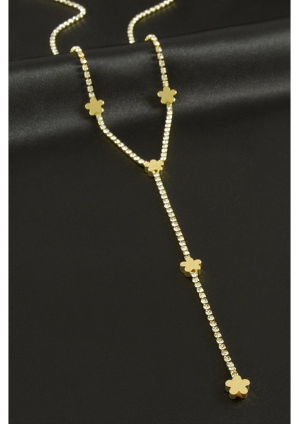 Çiçek Şerit Taşlı Çelik Y Kolye