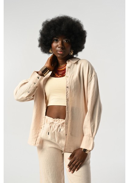Kadın %100 Keten Önü Şerit ve Arkası Düğme Detaylı Gömlek