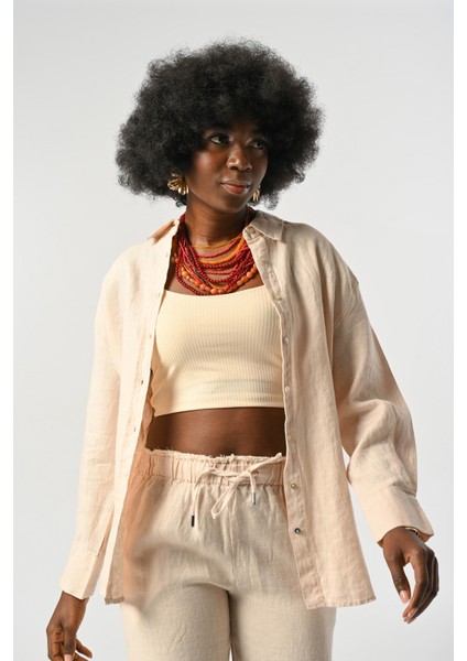 Kadın %100 Keten Önü Şerit ve Arkası Düğme Detaylı Gömlek fiyatları