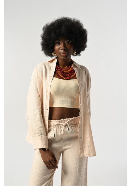 Kadın %100 Keten Önü Şerit ve Arkası Düğme Detaylı Gömlek modelleri