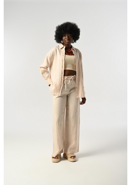 Kadın %100 Keten Önü Şerit ve Arkası Düğme Detaylı Gömlek fırsatları