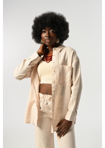 Kadın %100 Keten Tek Cepli Gömlek