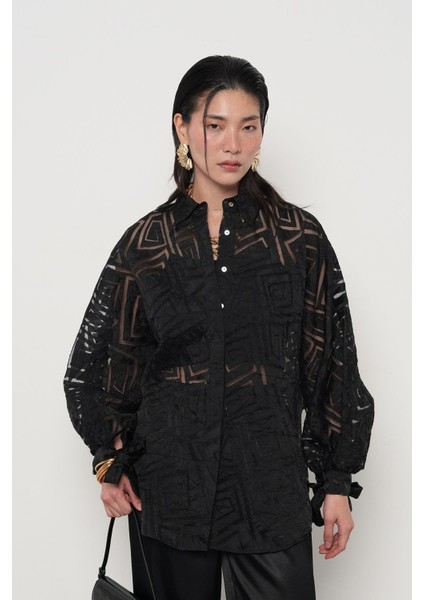 Kadın Yarasa Kol Siyah Transparan Oversize Gömlek