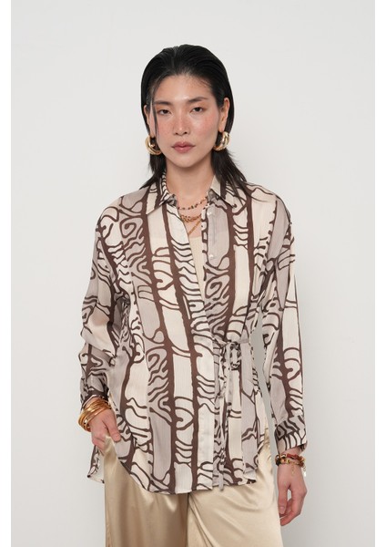 Kadın Belden Bağlama Detaylı Desenli Gömlek