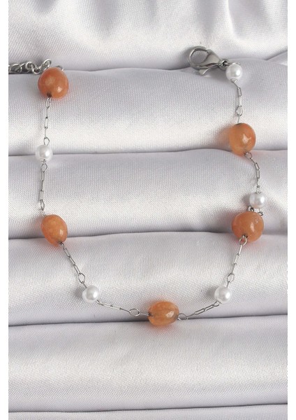 316L Çelik Gümüş Renk Turuncu Doğaltaş Model İnci Detay Kadın Bileklik