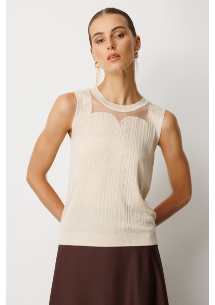 Kadın Yakası Boncuklu Triko Bluz 60361 Krem