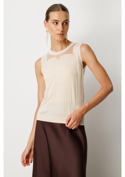 Kadın Yakası Boncuklu Triko Bluz 60361 Krem fiyatları