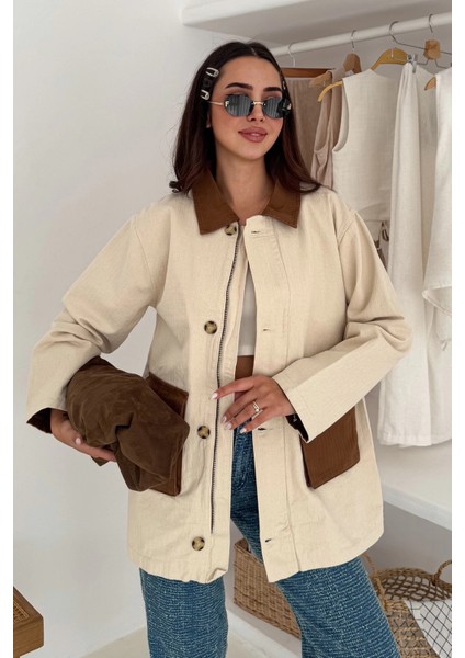 Körüklü Cep Detaylı Yağmur Gabardin Ceket Krem indirimleri