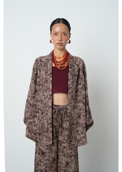 Kadın Bordo Renk Kırçıllı Oversize Kesim Tesettür Kimono