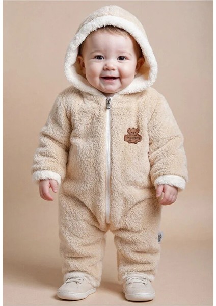Kışlık Peluş Kapüşonlu Bebek Tulumu