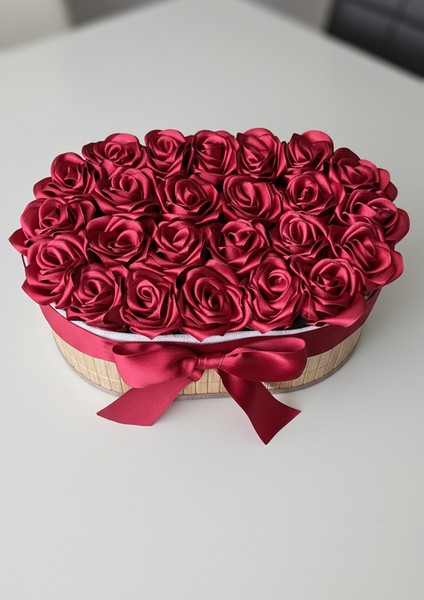 24'lü Bordo Hasır Sepet Solmayan Gül, Saten Çiçek, Sevgiliye, Arkadaşa Hediye, Dekoratif Süs fırsatları