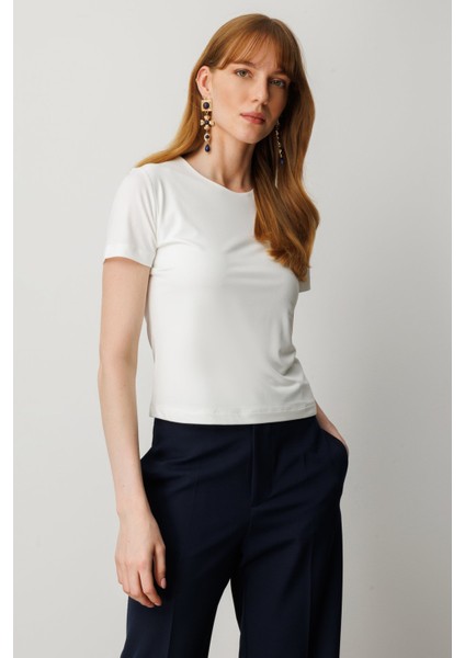 Kadın Sıfır Yaka Kısa Kol Basic Bluz 61334 Ekru fiyatları