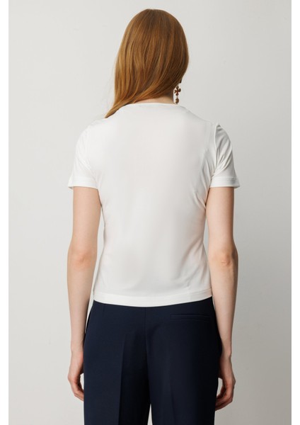 Kadın Sıfır Yaka Kısa Kol Basic Bluz 61334 Ekru fırsatları