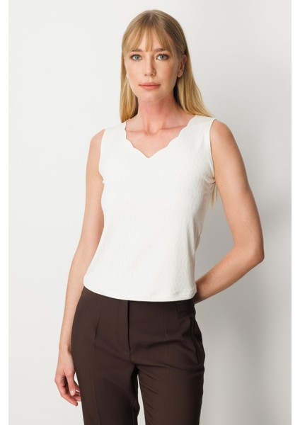 Kadın Dilim Yaka Simli Bluz 61389 Ekru