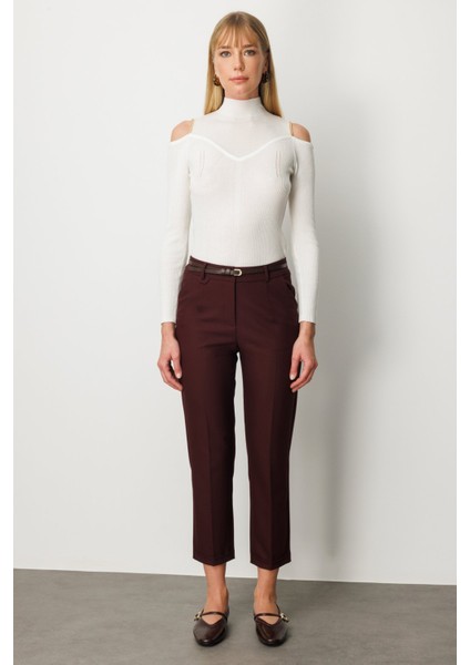 Kadın Duble Paça Kemerli Pantolon 1003 Bordo