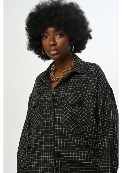 Kadın Kare Desenli Simli Çift Cepli Gömlek modelleri