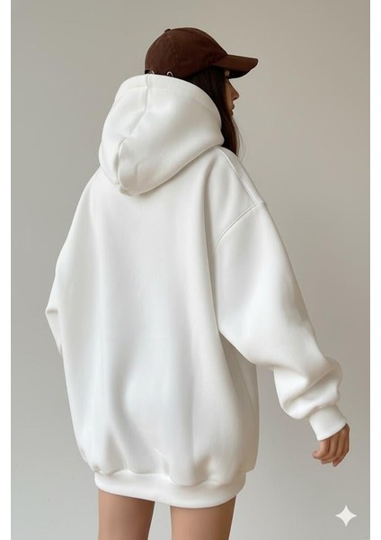 Kadın Oversize Beyaz Sweatshirt 3 Iplik Şardonlu Kapüşonlu Cepli – Rahat Kalıp fiyatları