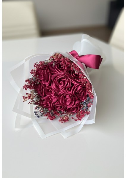 11'li Fuşya Cipsolu Solmayan Gül Buketi, Saten Çiçek, Sevgiliye, Arkadaşa Hediye