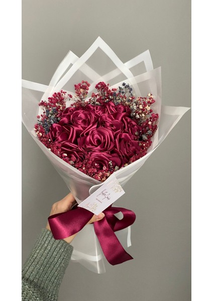 11'li Fuşya Cipsolu Solmayan Gül Buketi, Saten Çiçek, Sevgiliye, Arkadaşa Hediye modelleri