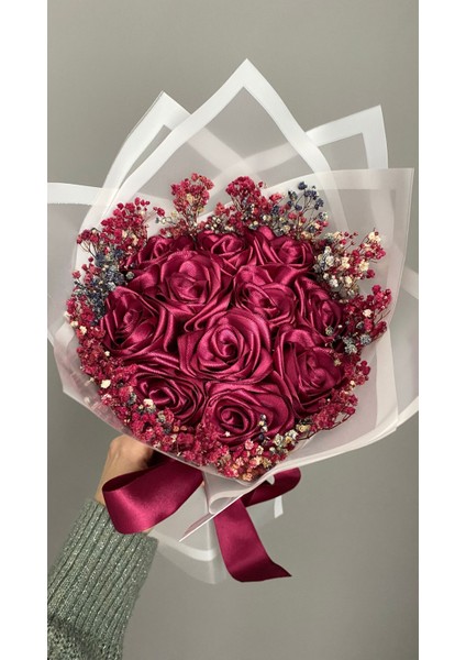 11'li Fuşya Cipsolu Solmayan Gül Buketi, Saten Çiçek, Sevgiliye, Arkadaşa Hediye fırsatları