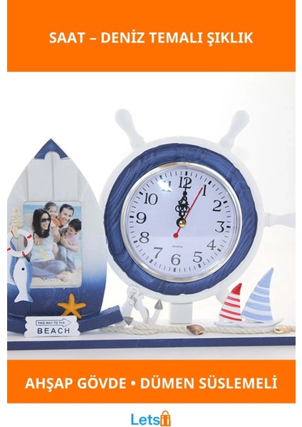 Ahşap Marin Dümenli Dekoratif Fotoğraf Çerçeveli Saat