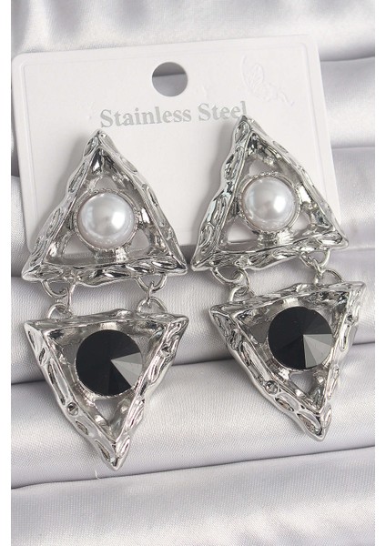 Pirinç Gümüş Renk Sallantı Üçgen Model Inci Detay Kadın Küpe