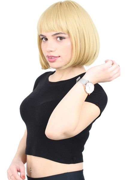 Kısa Küt Perçemli Fiber Sentetik Peruk / Sarı modelleri