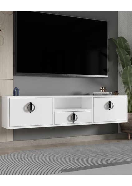 1321DROPDD-32 Duvara Montaj Tv Sehpası-Beyaz-Gümüş
