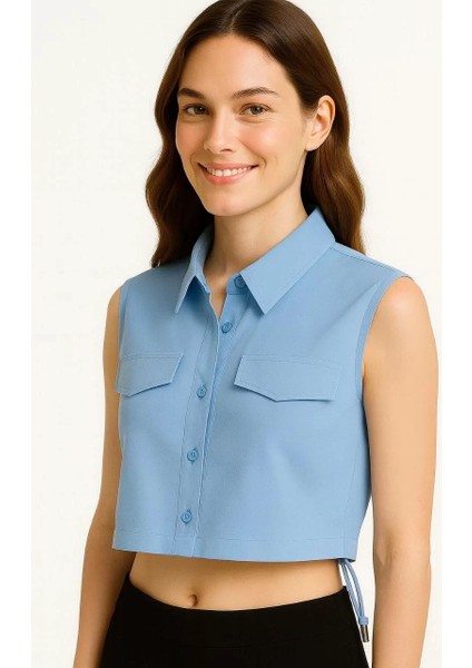 Kadın Crop Poplin Gömlek Yalancı Cepli, Ayarlanabilir Yan Kordonlu, - Bebe Mavisi