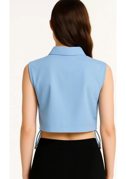 Kadın Crop Poplin Gömlek Yalancı Cepli, Ayarlanabilir Yan Kordonlu, - Bebe Mavisi fiyatları