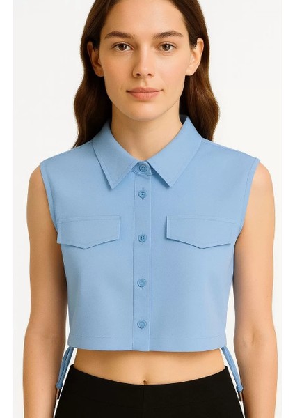 Kadın Crop Poplin Gömlek Yalancı Cepli, Ayarlanabilir Yan Kordonlu, - Bebe Mavisi modelleri
