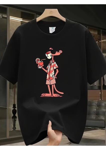 Pembe Panter Baskılı Erkek Oversize Günlük Kısa Kollu Tişört Ilkbahar ve Yaz Için Mükemmeldir - Siyah