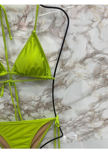 Kadın Likralı Yandan Boyundan Bağlamalı Şık Ipli Üçgen Bikini Takım