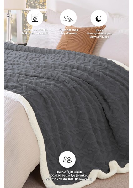 Pufly Jakar Sherpa Battaniye Seti Çift Kişilik 3 Parça Yumuşak Peluş Wellsoft Yatak Örtüsü