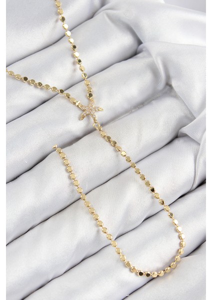 Pirinç Zirkon Taşlı Ezme Zincirli Deniz Yıldızı Model Gold Renk Y Kolye